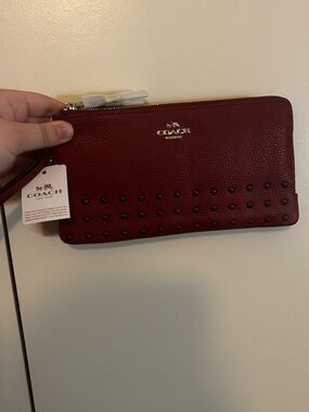 Coach Red Pebbled Leather Studded Wristlet